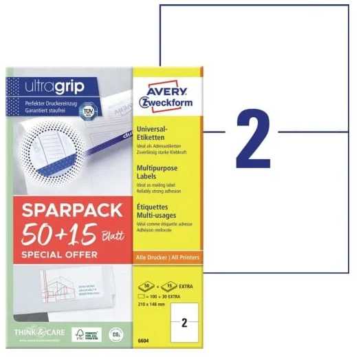 AVERY Etykiety universalus 210x148 mm balta med Ultragrip - (65 ark x 2 vnt.)