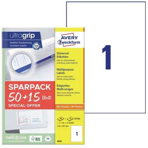 AVERY Etykiety universalus 210x297 mm balta su Ultragrip +30% dodatkowa zawartość (65 ark)