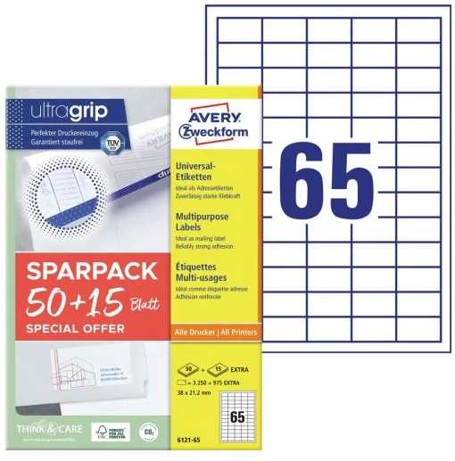 AVERY Etykiety universalus 38x21,2 mm balta med Ultragrip - (65 ark x 65 stk.)