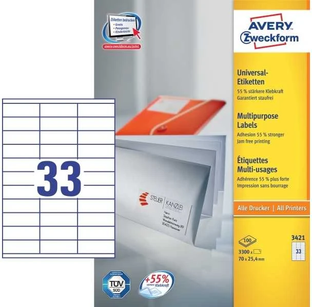 Lipnios etiketės Avery Zweckform. A4. 70×25.4mm. 33 etiketės lape. 100 lapų. baltos spalvos