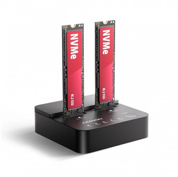 „AXAGON ADSA-M2C22L“, USB-C 20Gbps prijungimo stotelė, skirta 2× M.2 NVMe SSD diskams su klonavimo funkcija