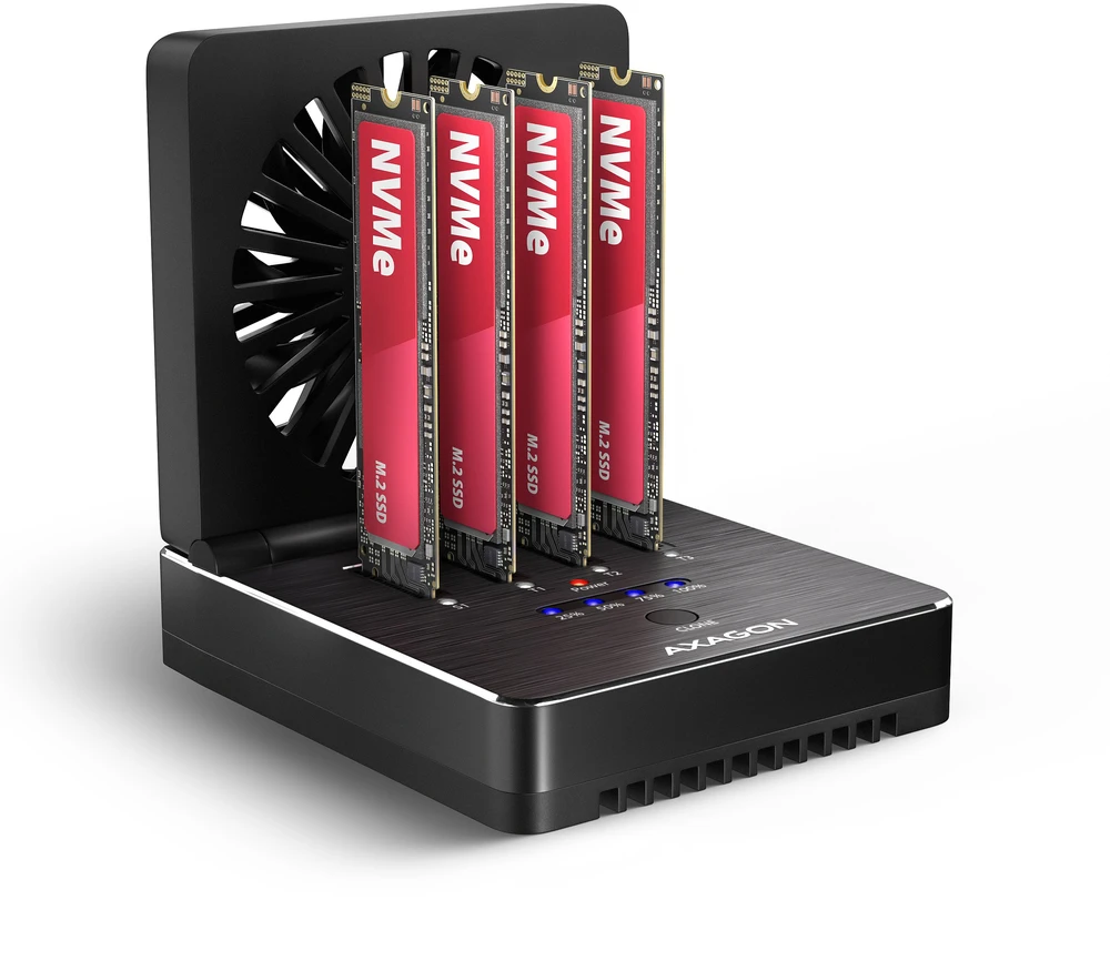 „Axagon ADSA-M2C44 USB4“ prijungimo stotelė, skirta 4 M.2 NVMe SSD diskams su diskų klonavimo funkcija be kompiuterio