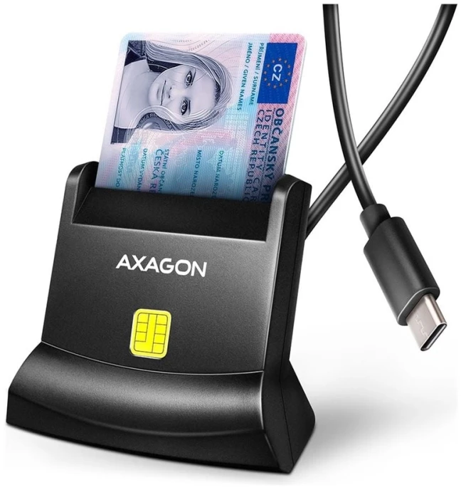 „Axagon CRE-SM4NC“ USB-C išmaniųjų kortelių skaitytuvas. Universalus stalinis USB kontaktinis išmaniųjų ID kortelių skaitytuvas su ilgu USB-C laidu.