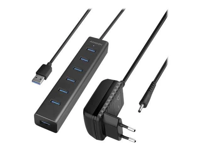 AXAGON HUE-SA7BP 7x USB3.0 ALU įkrovimo šakutė, įsk. AC Adapteris, Juodas
