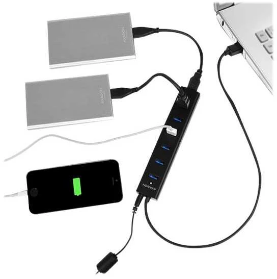 AXAGON HUE-SA7BP 7x USB3.0 ALU įkrovimo šakutė, įsk. AC Adapteris, Juodas