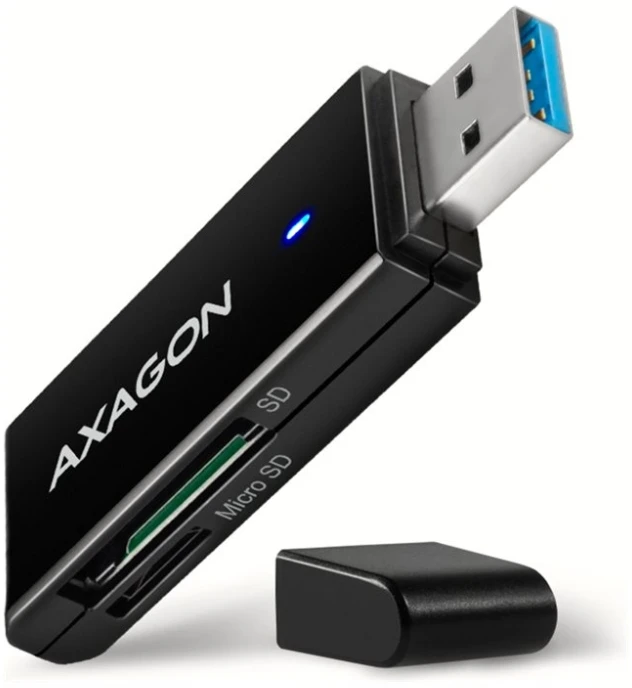 Axagon Slim itin spartus USB 3.2 Gen 1 kortelių skaitytuvas su tiesiogine USB-A jungtimi.