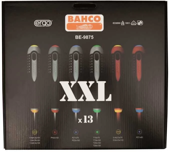 Bahco XXL Atsuktuvų rinkinys ERGO™ 13 vnt - SL2,5/3,5; PH1 1000V VDE; SL4,0/5,5/6,5; PH2; PZ1/2; T10/15/20/25