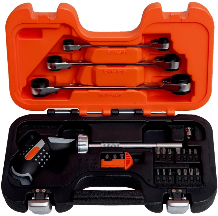 Bahco Pistol rankenos reketinis atsuktuvas + antgaliai PH,PZ,SL,HEX,Torx ir veržliarakčių rinkinys 8-19mm 3 vnt.