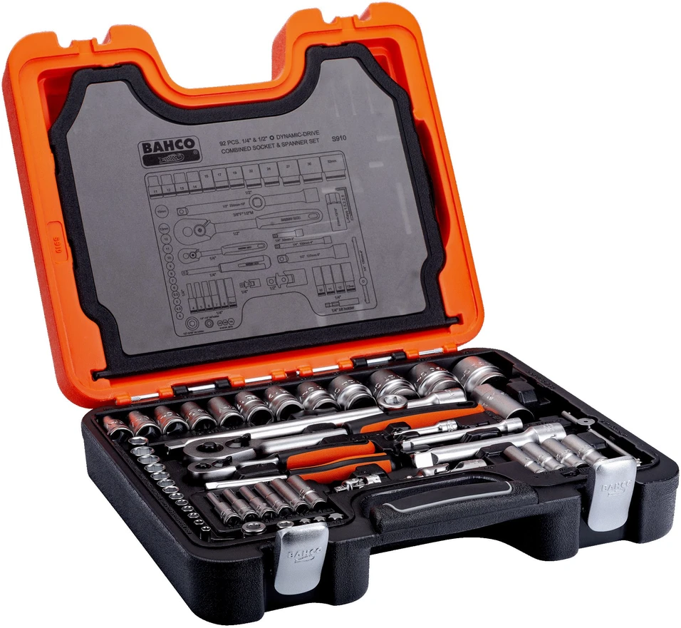 Bahco Galvučių 4-32mm, priedų ir raktų 8-17mm rinkinys 1/2"+1/4" 91 vnt, Dynamic-Drive profilis