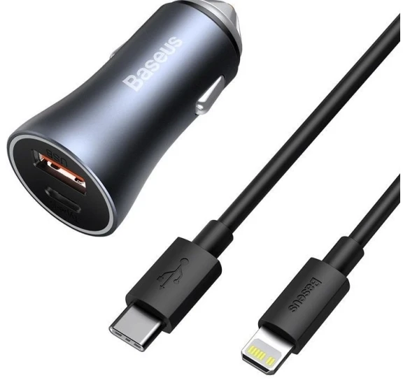 Baseus Golden Contactor Pro automobilinis įkroviklis USB + USB-C QC4.0 + PD SCP, 40W + USB-C kabelis skirtas iP 1m