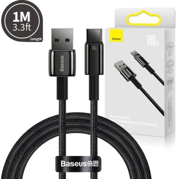 Baseus volframo auksinis kabelis USB prie USB-C, 100 W, 1 m (juodas)