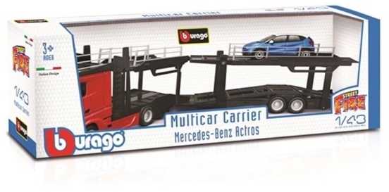 BBURAGO 1/43 Street Fire auto vilkikas Mercedes Benz Actros su automobiliu, asort., 18-31458