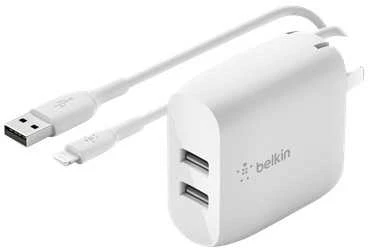 Įkroviklis Belkin Boost Charge Dual USB-A 24W + USB-A iki Lightning kabelis baltas