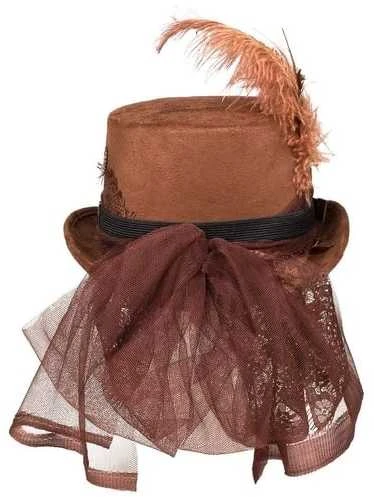Ruda steampunk skrybėlė su tinklelio šydu ir plunksna