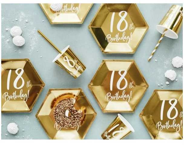 Party Deco Popierinės lėkštutės auksinės "18 gimtadienis" 6vnt