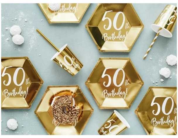 Party Deco Popierinės lėkštutės auksinės "50 gimtadienis" 6vnt