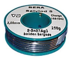 Boliden Bergse BERA sidabrinis litavimo laidas 5, vientisa viela 2 mm, ritinėlis po 250 gramų. Lydymosi temperatūra 221 °C.