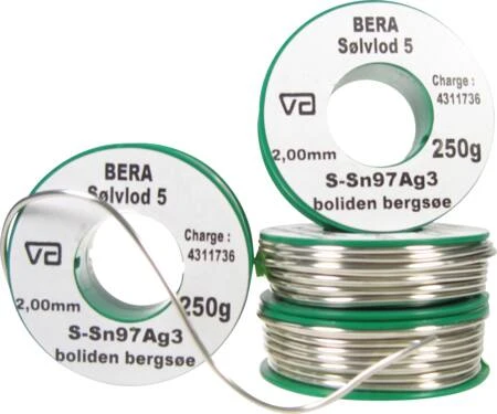 Boliden Bergse BERA sidabrinis litavimo laidas 5, vientisa viela 2 mm, ritinėlis po 250 gramų. Lydymosi temperatūra 221 °C.