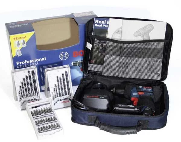  Akumuliatorinis gręžtuvas-suktuvas Bosch GSR 12V-15, 1x2.0Ah, 1x4.0Ah + 39 priedai