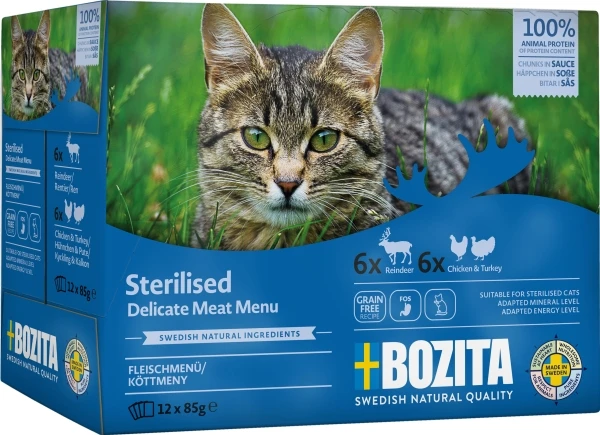 BOZITA Sterilised Delicate meat menu Box – šlapias kačių maistas – 12x85g