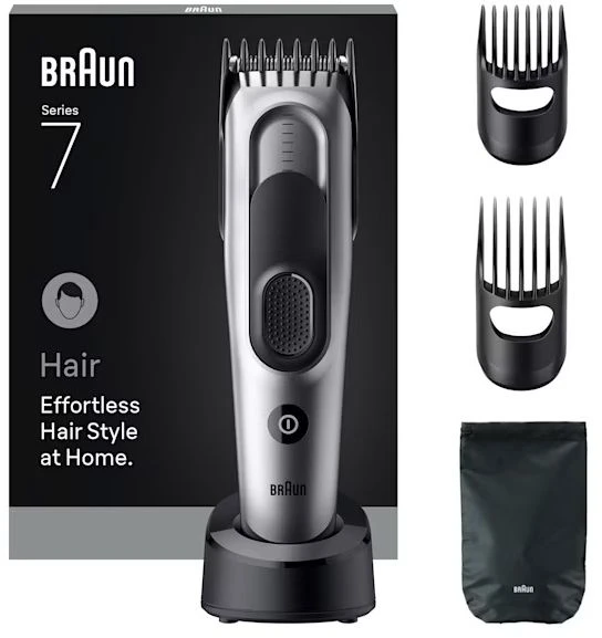 Braun Series 7 HC7590 plaukų kirpimo mašinėlė, 17 ilgio nuostatų, 50 min., juoda/sidabrinė