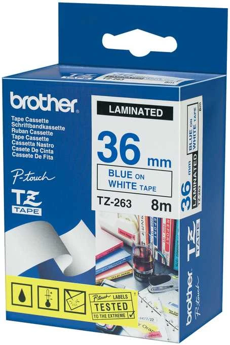 Brother TZe-263 laminuota juosta Mėlyna ant Baltas, TZe, 8 m, 3,6 cm