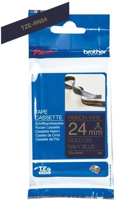 BROTHER TZE-RN54 P-TOUCH DEKORATYVINĖ AUKSINĖ SPAUSDINĖ ANT TAMSI MĖLYNOS SPALVOS SATINO JUOSTELĖS 24 MM, 4 M