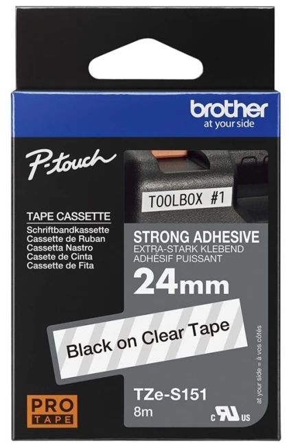 Brother TZe-S151 stipri lipni laminuota juosta Juodas ant Clear, TZe, 8 m, 2,4 cm