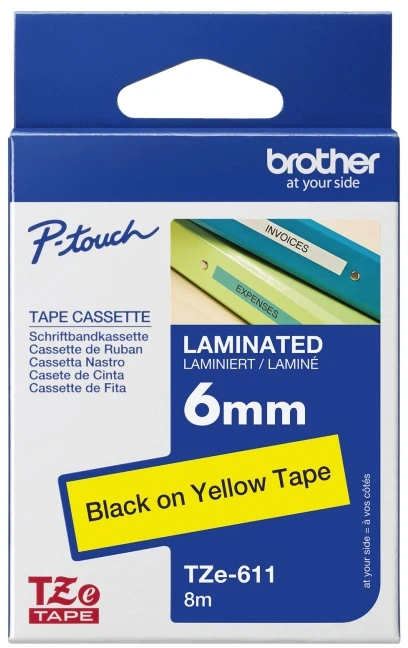 Brother | TZe-611 Laminated Tape | Juodas on Geltona | TZe | 8 m | 6 cm