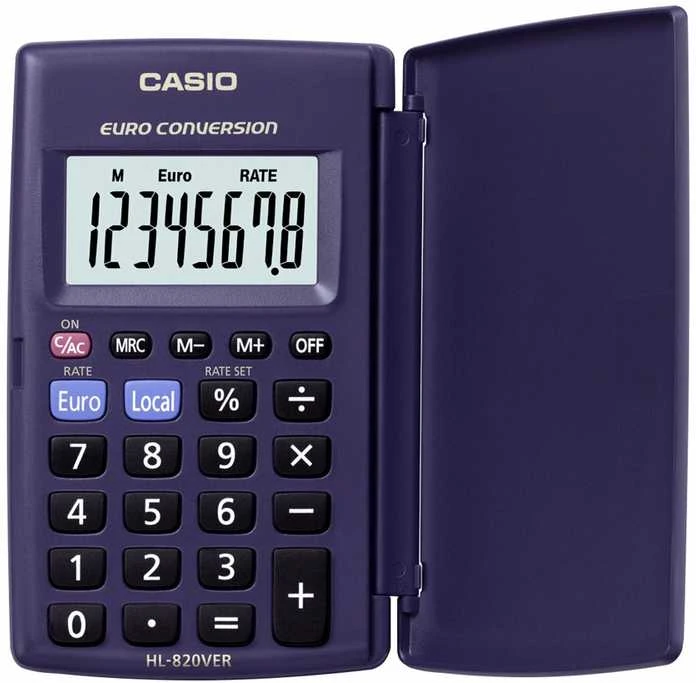 Mėlynas Casio HL-820VER skaičiuotuvas su atlenkiamu dangteliu