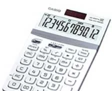 Baltas Casio skaičiuotuvas su kampuotu ekranu