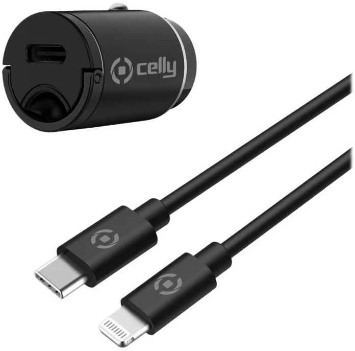 CELLY CCMINILIGHT – AUTOMOBILINIS ĮKROVIKLIS USB-C+USB-C Į „Lightning“ LAIDAS 20 W [PRO POWER]