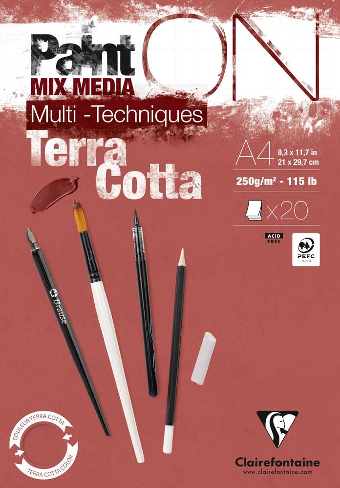 Clairefontaine Paint-On Blok A4 250gram Terra Cotta, 20 ark, Toplimet