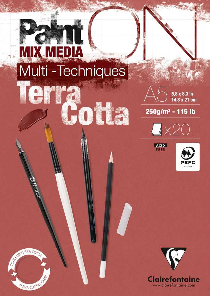 Clairefontaine Paint-On Blok A5 250gram Terra Cotta, 20 ark, Toplimet