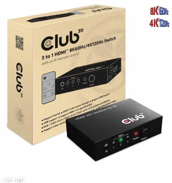 Club 3D HDMI 3x1 jungiklis su pakuote