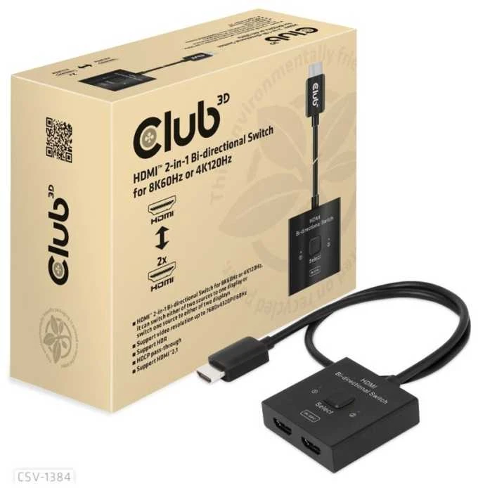 „Club 3D Club3D“ HDMI jungiklis „du viename“ dvikryptis 8K60Hz/4K120Hz UHD mažmeninė prekyba