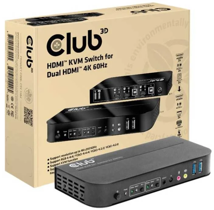 Club 3D Club3D tinklo jungiklis – jungiklis, HDMI KVM jungiklis – dvigubas HDMI 4K 60Hz