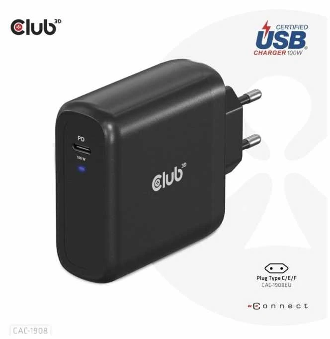 Įkroviklis Club 3D CAC-1908EU travel GaN 1x USB-C 100W