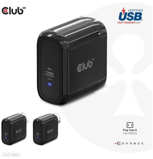 Club 3D CLUB3D kelioninis įkroviklis 65 W GAN technologija, vieno prievado USB Type-C, maitinimo tiekimo (PD) 3.0 palaikymas