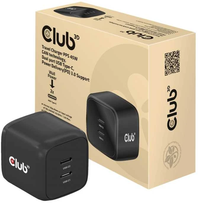 Club 3D Club3D CAC-1909EU Kelioninis įkroviklis PPS 45W GAN technologija, dviejų prievadų USB Type-C, maitinimo tiekimo (PD) 3.0 palaikymas