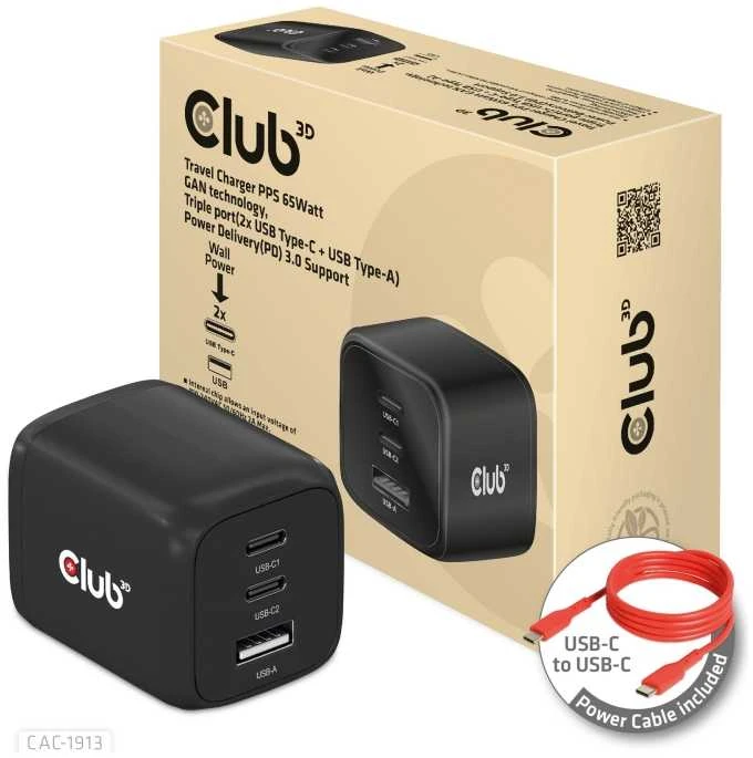 Club 3D Club3D kelioninis įkroviklis 65W GAN technologija, 3 prievadai (2xUSB-C + USB-A), PPS, Power Delivery (PD) 3.0 palaikymas