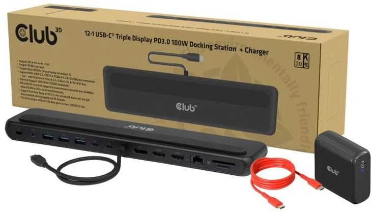„Club 3D“ „Club3D“ USB-C prijungimo stotelė 12v1, 2xHDMI, 1xDP, 2xUSB-C, 3xUSB, 1xRJ45, 1x3,5 mm, juoda