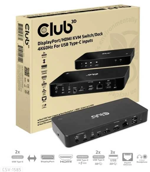 Club 3D Club3D KVM jungiklis 4K60Hz 2x USB-C> HDMI/DP/3xUSB/2xUSB-C/LAN mažmeninė prekyba