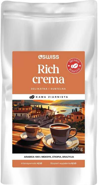 4Swiss Rich Crema šviežiai skrudintos kavos pupelės 500g