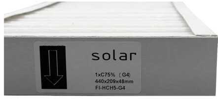 Solar Plus Panelinis filtras, G4 klasės filtras, skirtas „Dantherm HCH5“, kartoniniame rėmelyje, 1 vnt. ISO C75%. Matmenys 440 x 209 x 48 mm. Vienai sistemai naudojama 2 vnt.