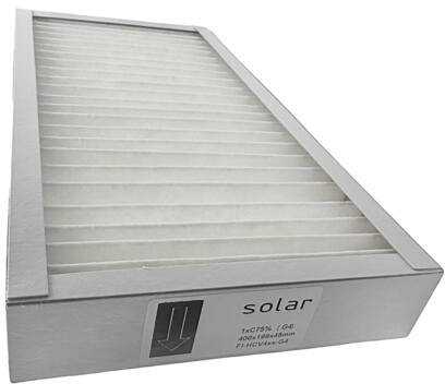 Solar Plus Panelinis filtras, G4 klasės, skirtas „Dantherm HCV4xx“, kartoniniame rėmelyje, 1 vnt. ISO C75%. Matmenys 400 x 199 x 48 mm. Vienai sistemai naudojami 2 vnt.