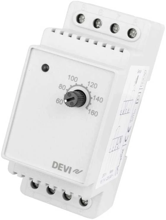 DANFOSS Devireg 330 termostatas nuo +60 iki +160 °C, montuojamas ant DIN bėgelio, tiekiamas su 3 metrų laido jutikliu.