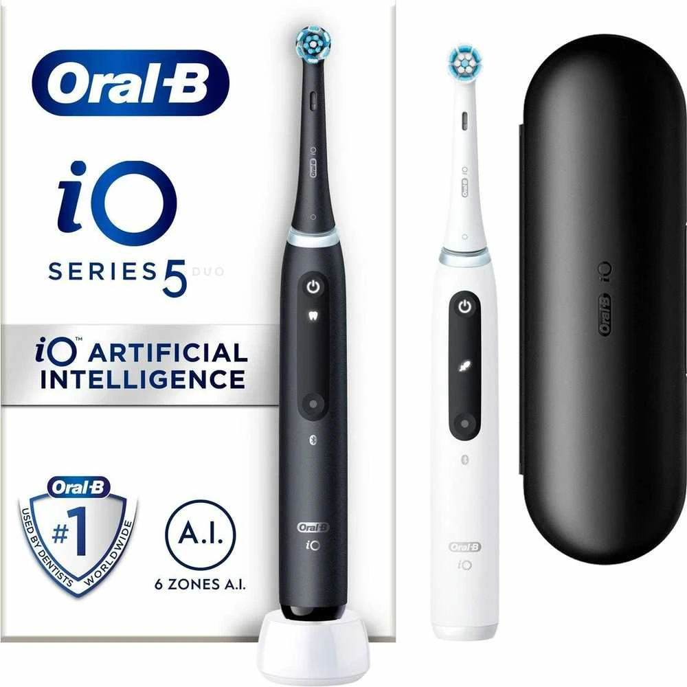 Dantų šepetėlis „Oral B“ iO5 dviejų dalių komplektas, juodos spalvos, UCB ir baltos spalvos, SC elektriniai dantų šepetėliai