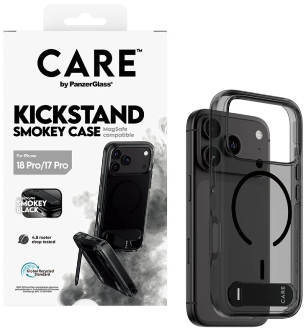 Dėklas Panzer Glass Case CARE by PanzerGlass Kickstand w. Juodas MagSafe for iPhone 18 Pro / 17 Pro smokey