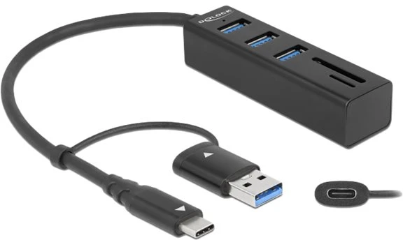 Delock 3 prievadų USB 3.2 Gen 1 Hub + SD ir Micro SD kortelių skaitytuvas